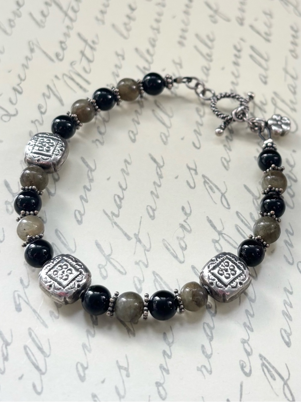 Sterling Silver Bali Bead Black Onyx and Labradorite Toggle Bracelet